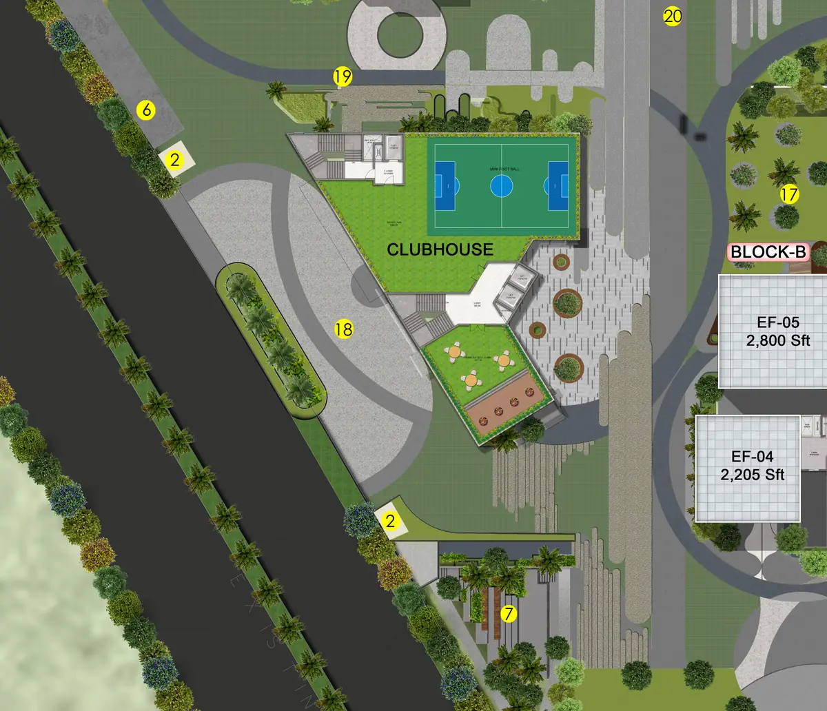 Master plan detail showing the clubhouse, sports courts and landscaped zones at DSR Ciel