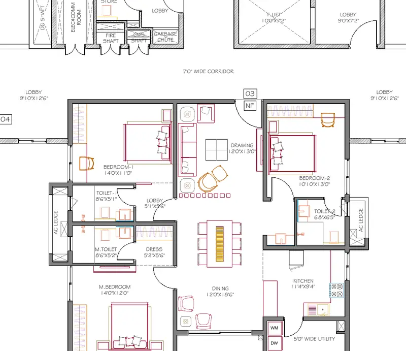 Floor plan of the 1,905 sq. ft. north facing 3 BHK