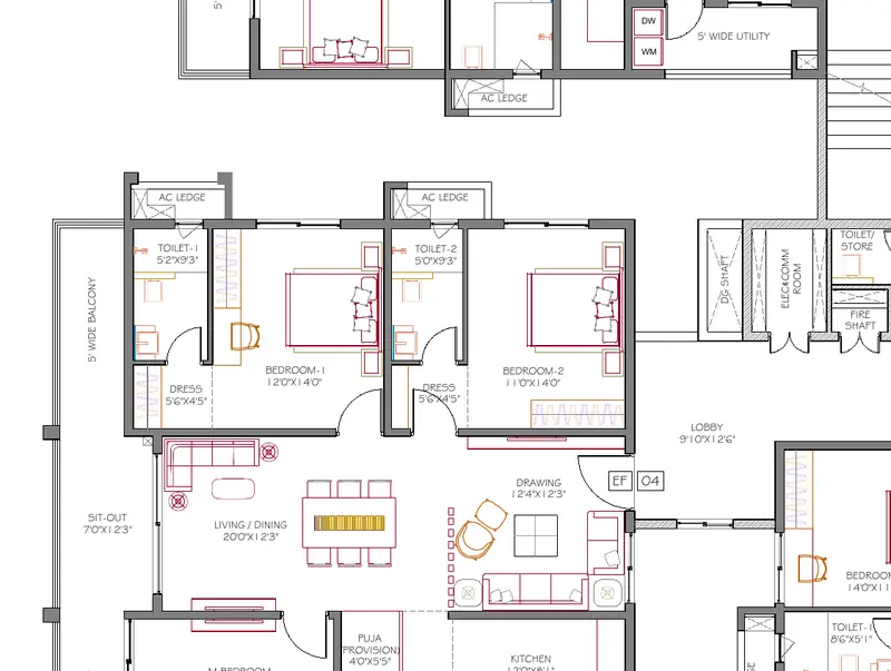 Floor plan of the 2,205 sq. ft. 3 BHK at DSR Ciel