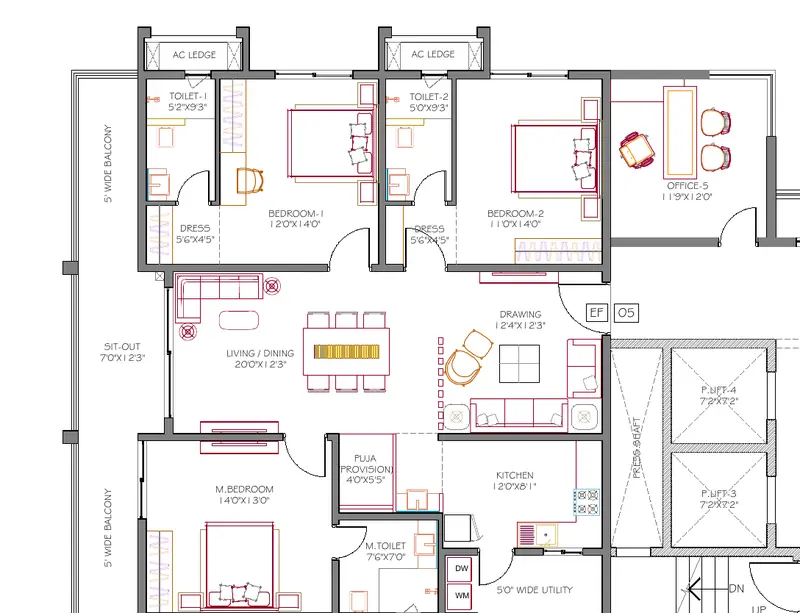 3 BHK floor plan of 2,420 sq. ft. at DSR Ciel Gopanpally