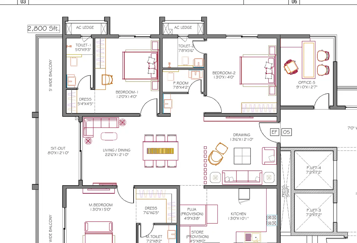 Floor plan of the 2,800 sq. ft. 3 BHK with home office at DSR Ciel