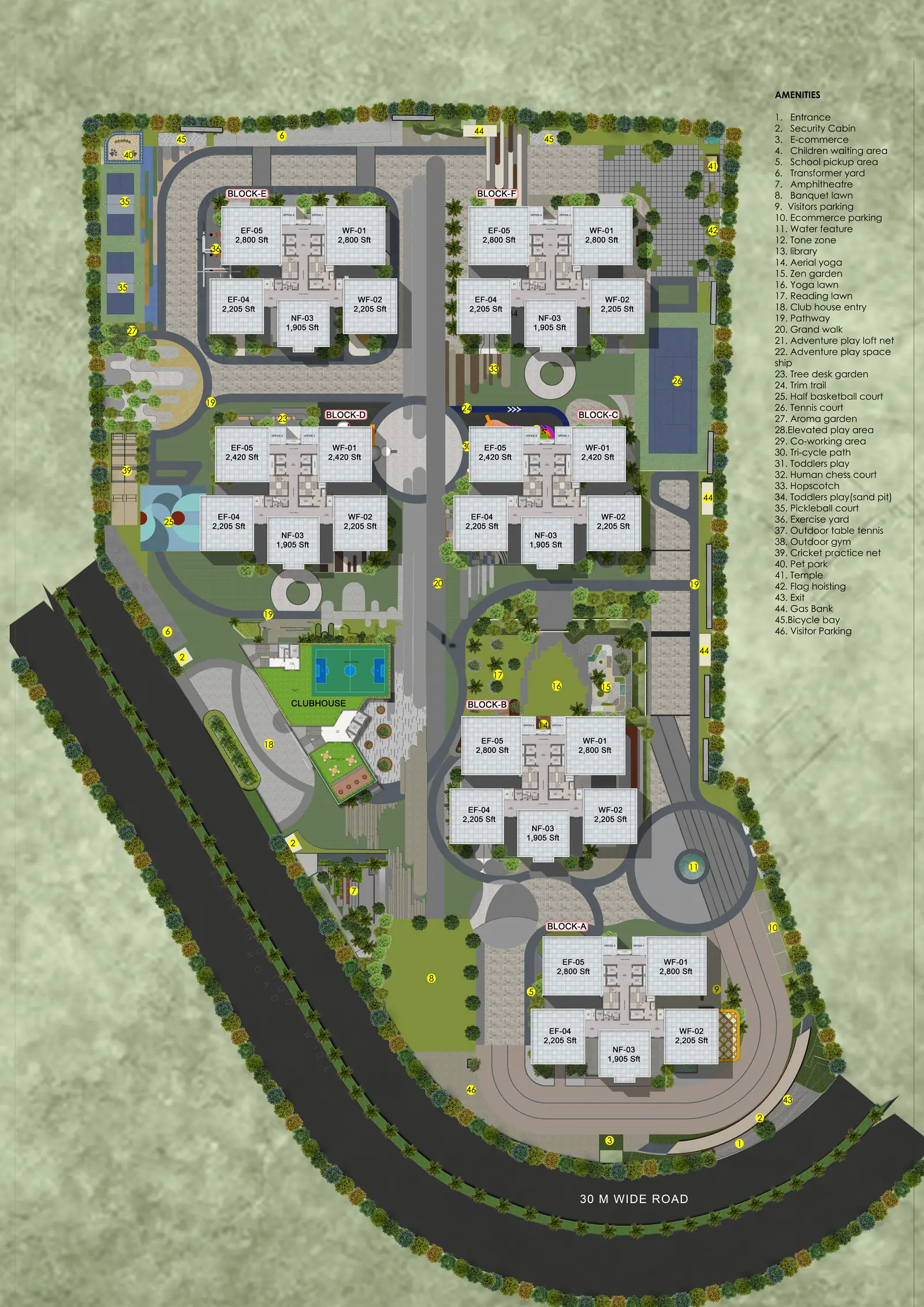 Full master plan of DSR Ciel Gopanpally with six blocks, clubhouse and amenity legend