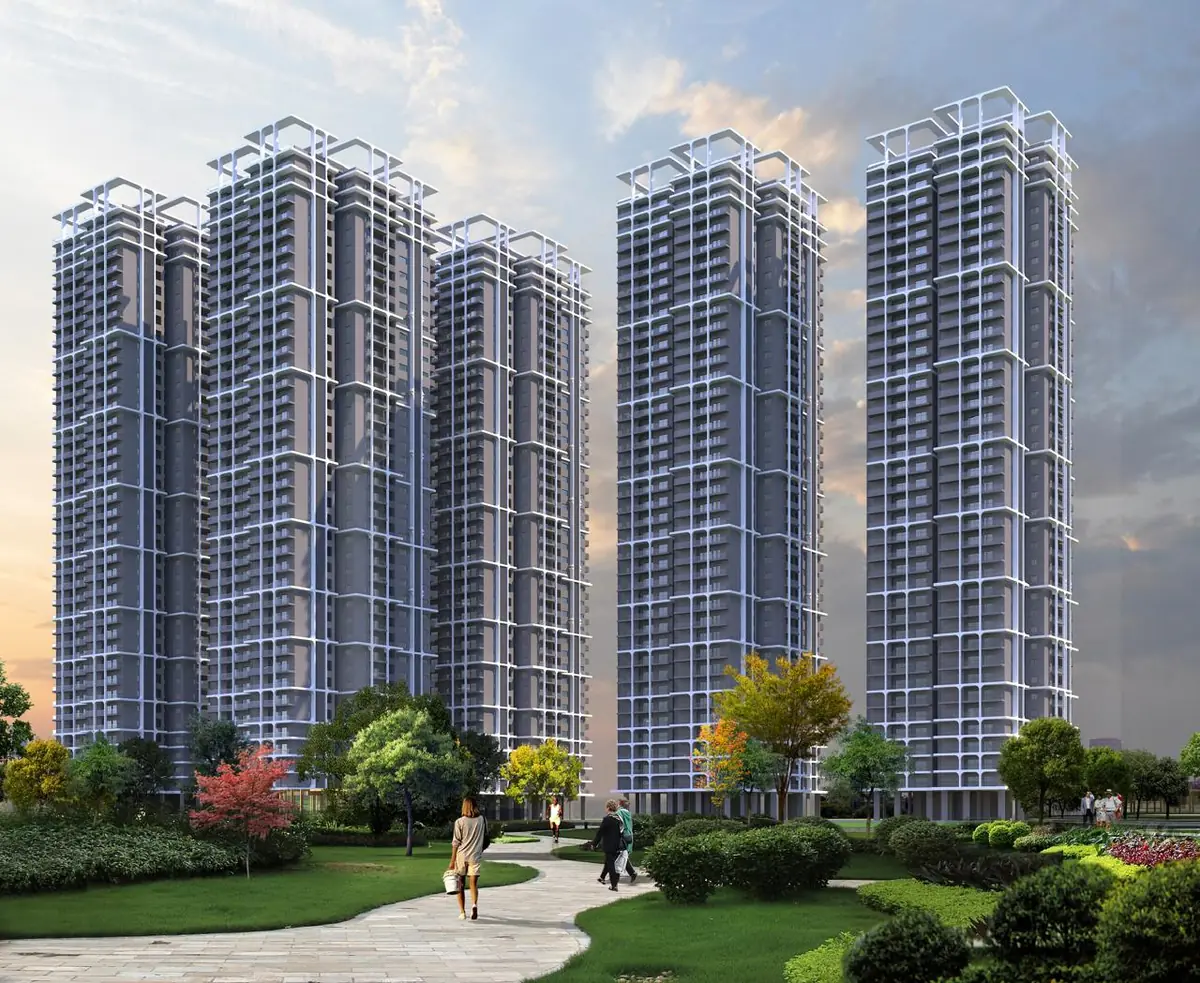 Artist's impression of the DSR Ciel towers at Gopanpally, with landscaped gardens and walking paths at the base