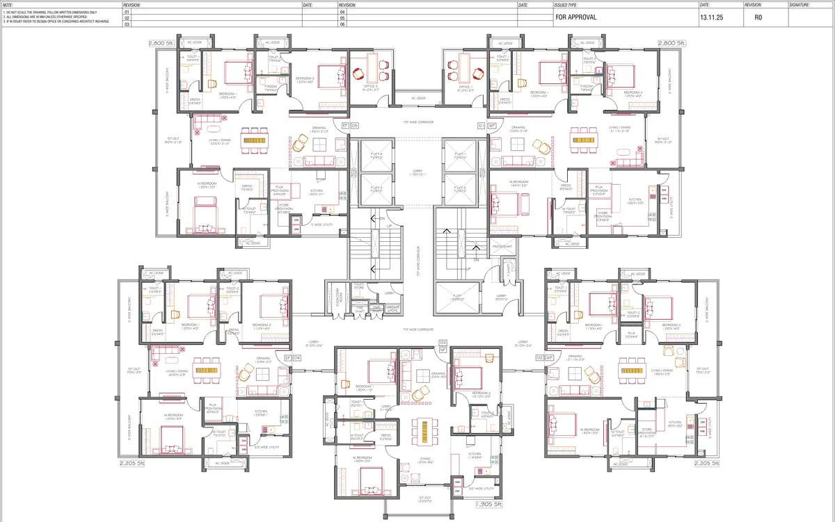 Typical floor plan for blocks E and F showing the core, lifts and corridors